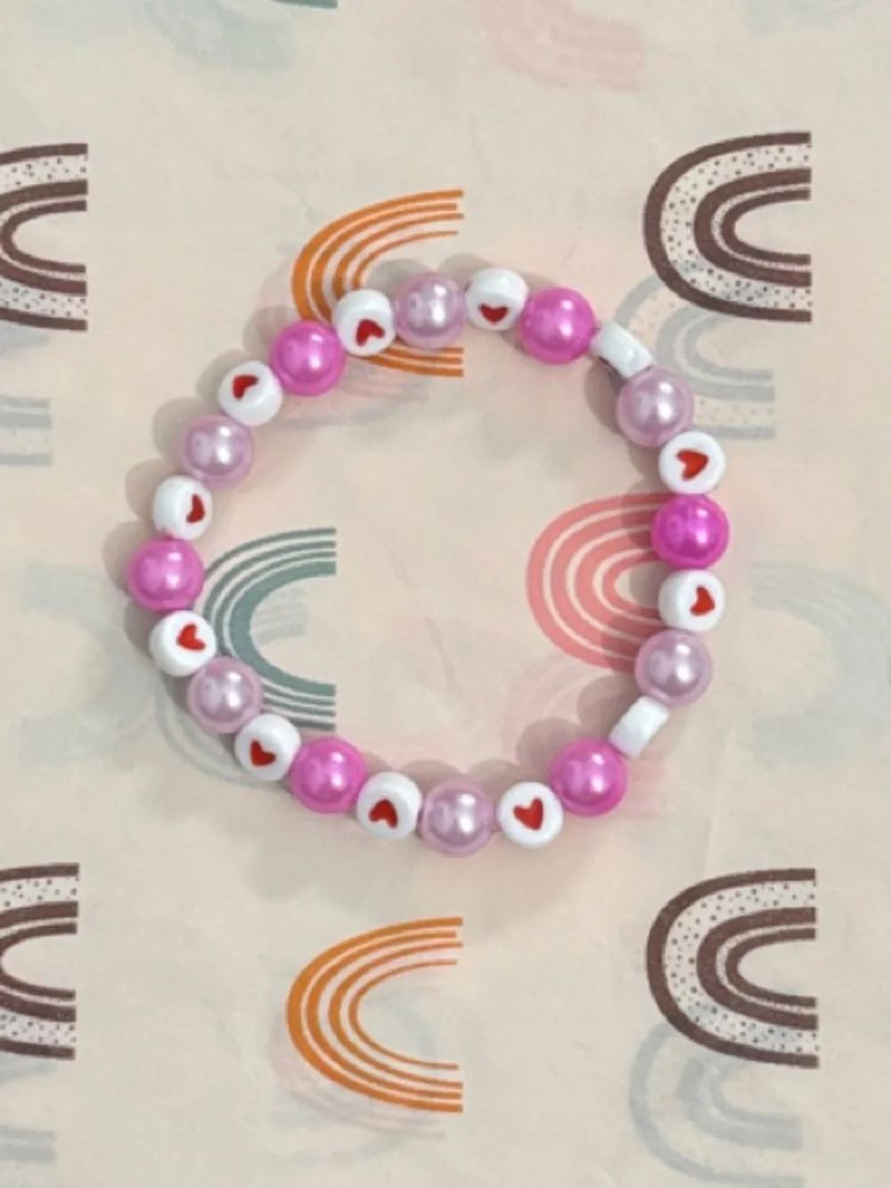 Girls Pink Heart Pearl Bead Stretch Bracelet
